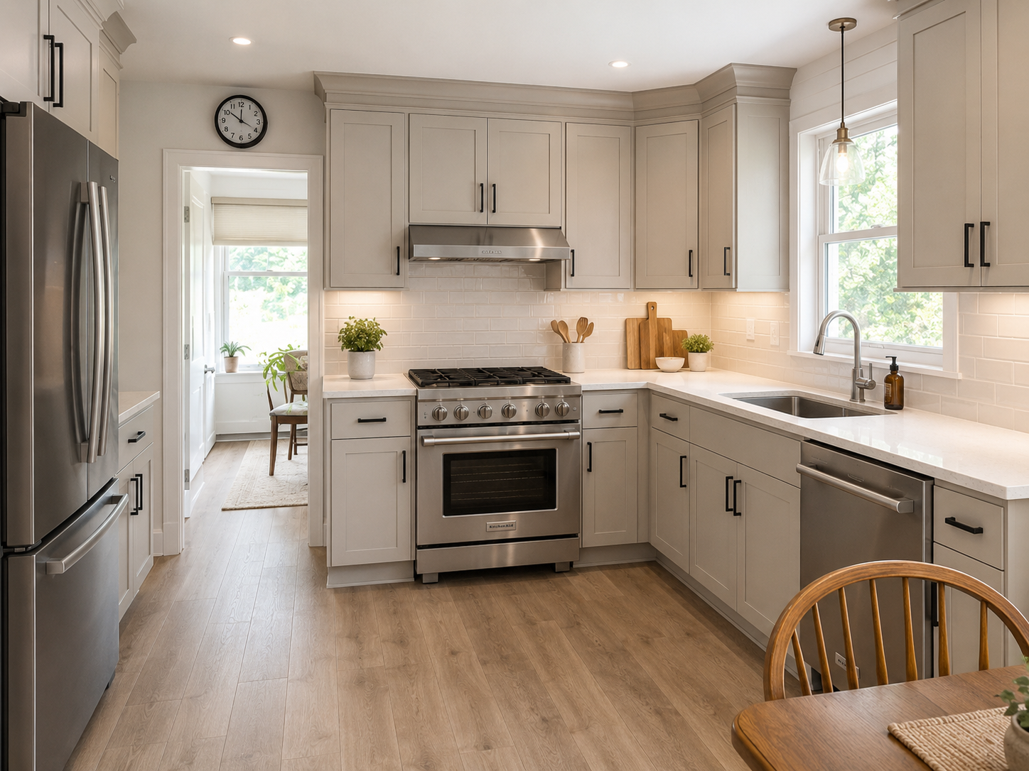 Contemporary kitchen remodeling with island and premium finishes